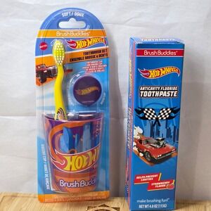 Hot Wheels Brush Buddies Toothbrush Set + Strawberry Fluoride Toothpaste Bundle